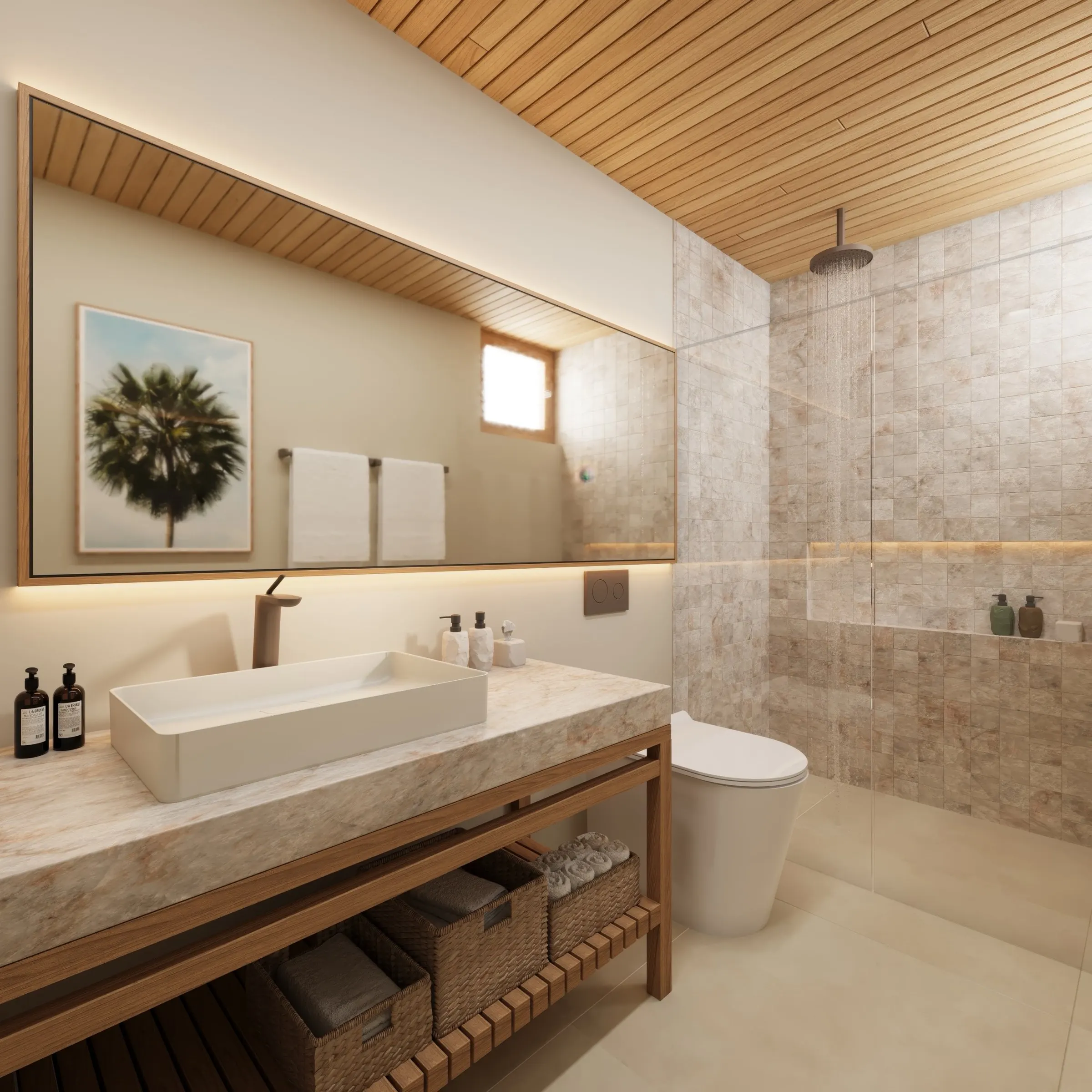 A bathroom with a rain shower