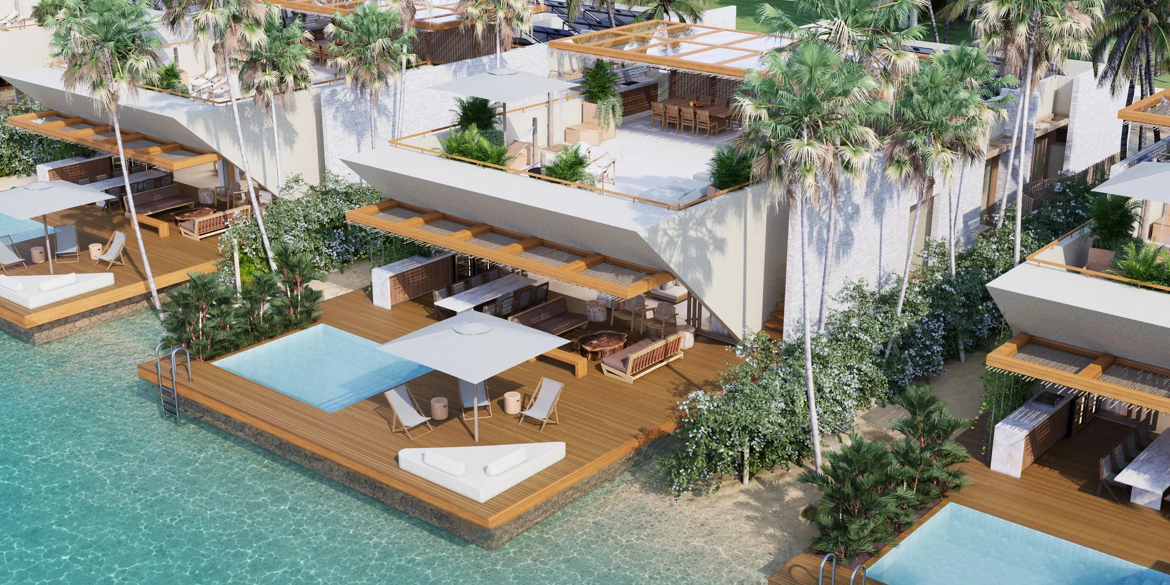 Aerial view of pool decks among palms