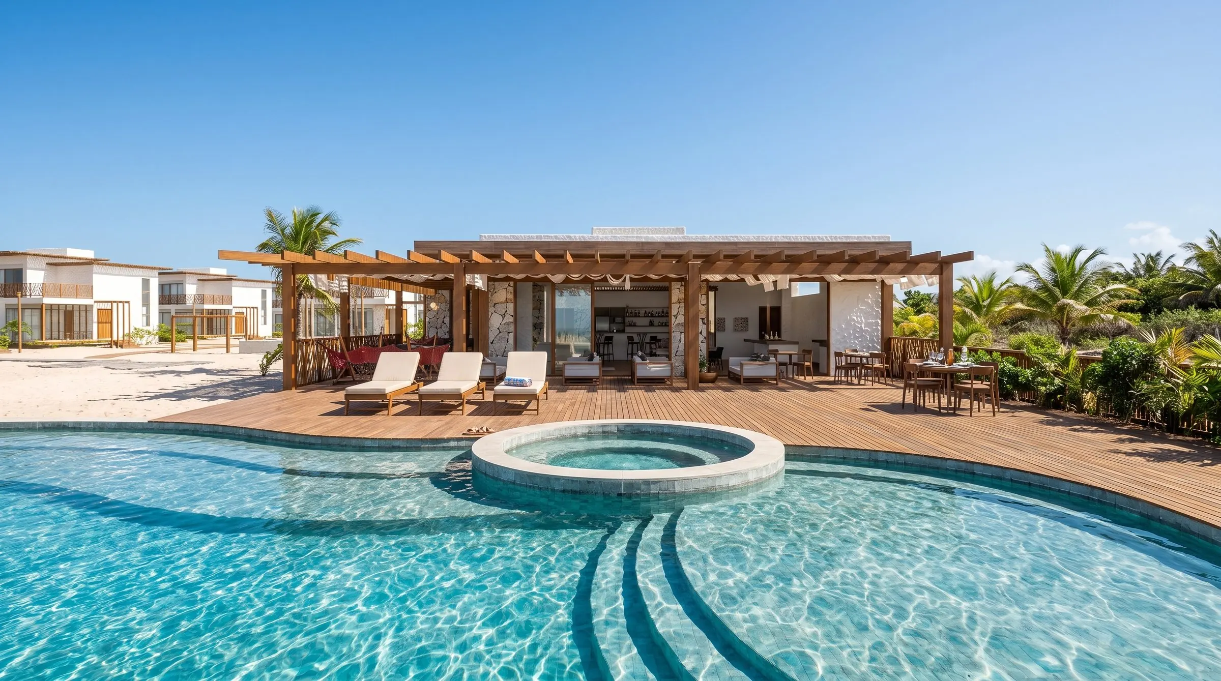A curved pool deck and lounge pavilion