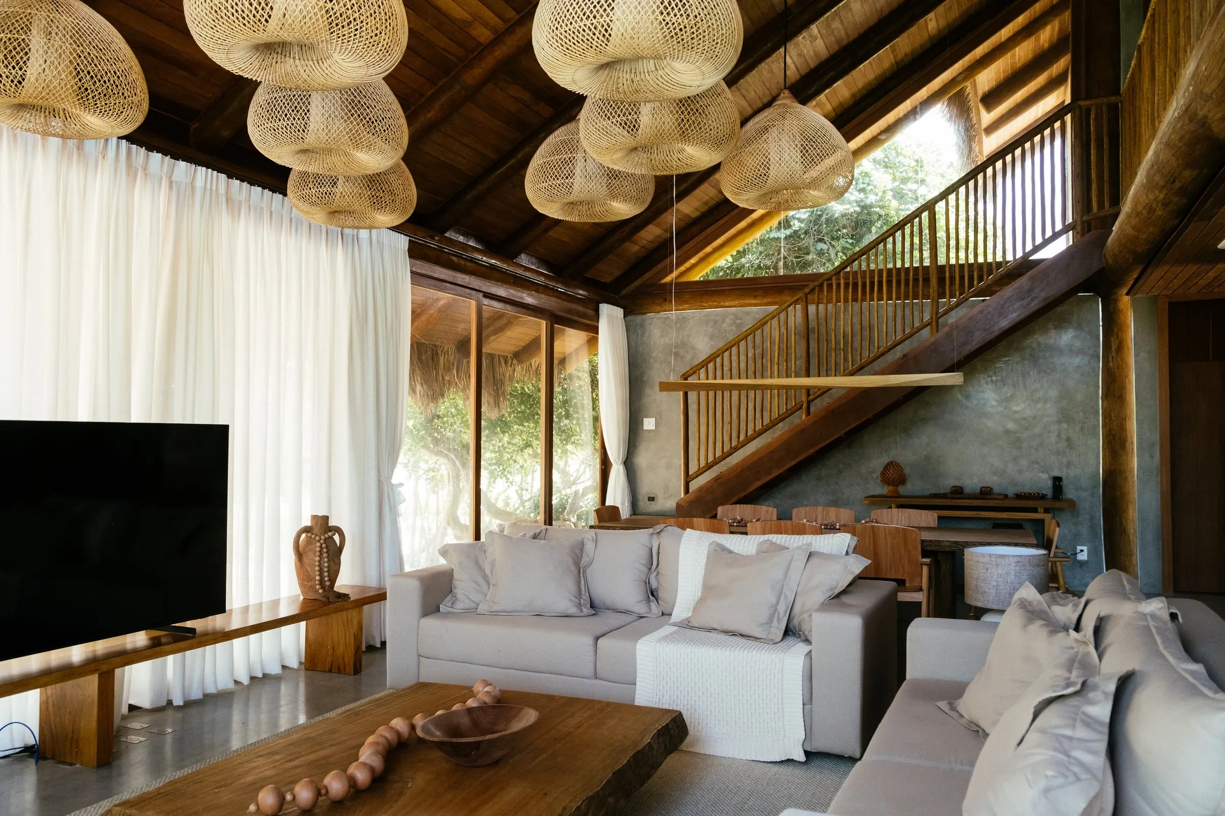 A bright living room in natural materials