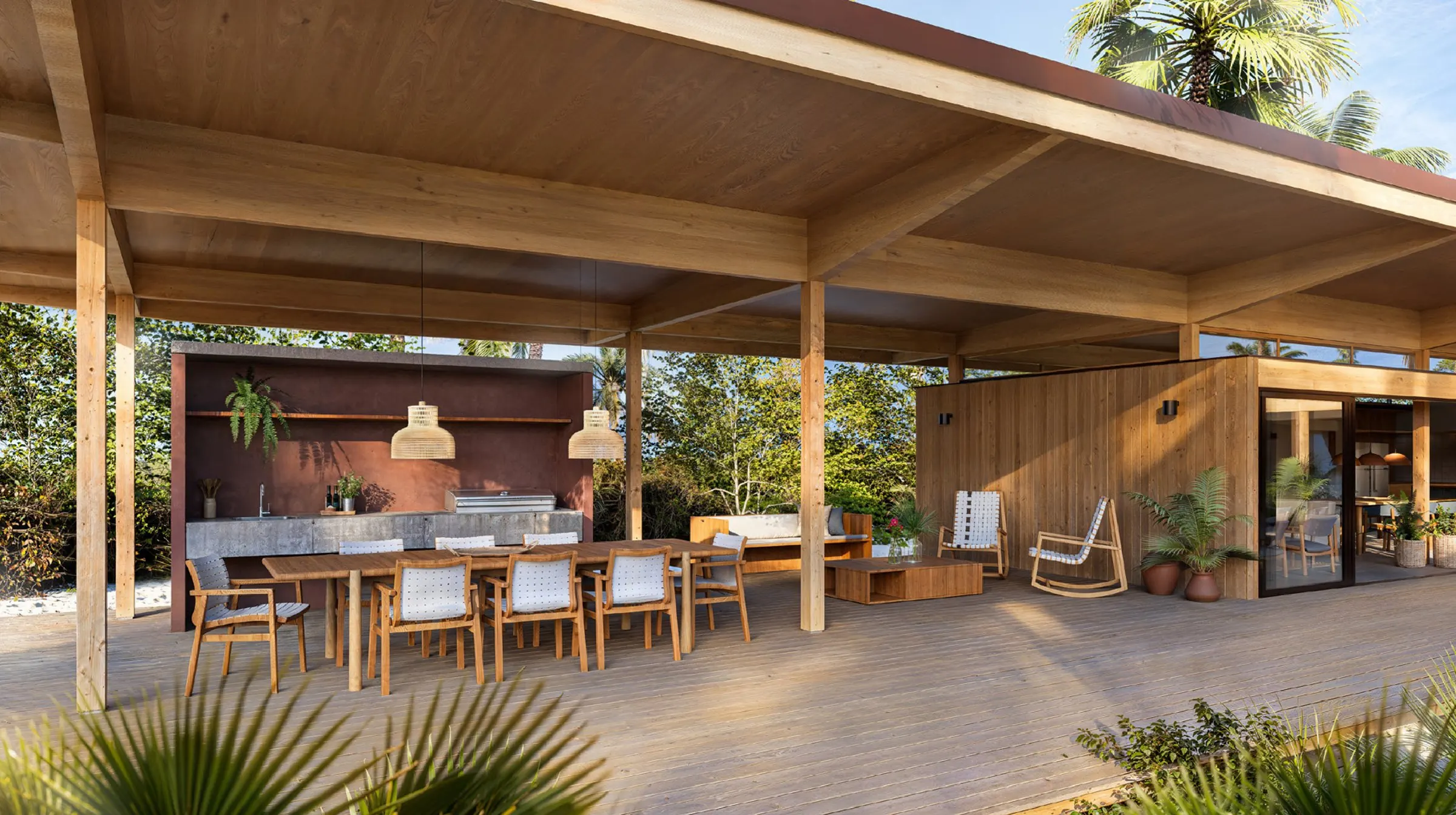 An open air dining pavilion among palms