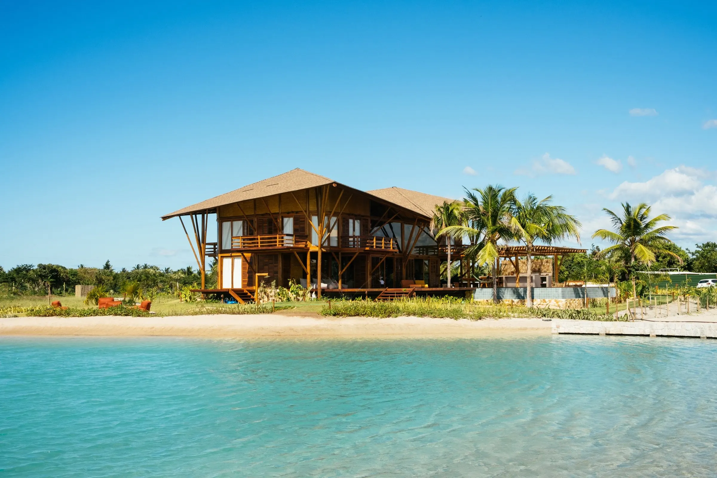 A two storey house on the lagoon shore